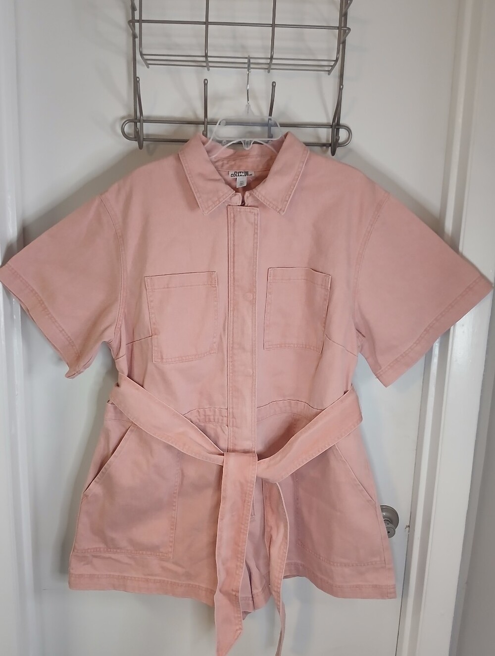 Pink Denim Belted Zip Front Jumpsuit Romper XXL NWOT